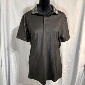 Guess Womens Black Metallic Polo Shirt Short Sleeve Camo Collar Size S